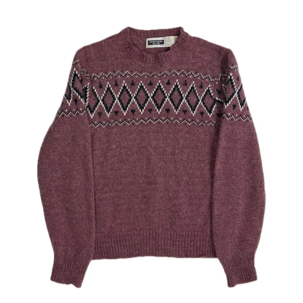 Vintage Northern Isles Wool burgundy fair isle argyle knit sweater mens‎ medium
